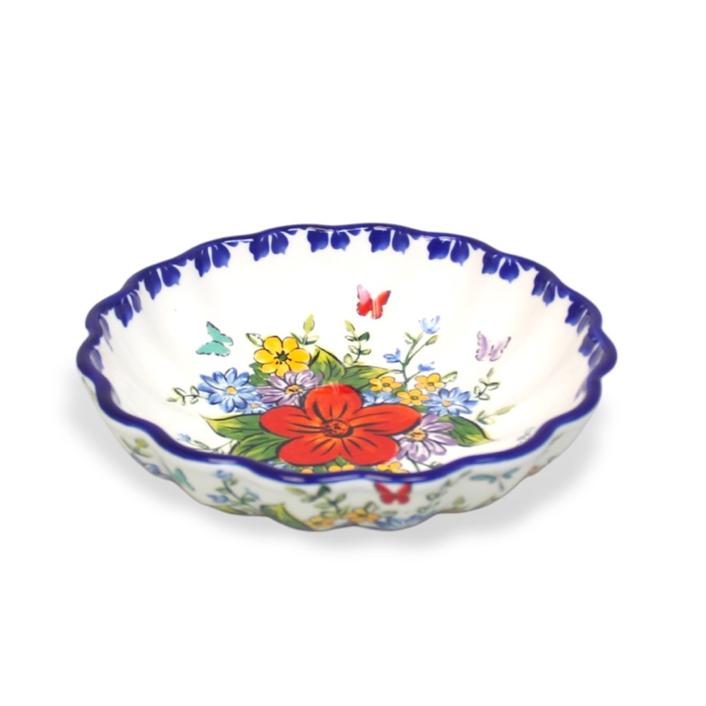 Floral Decorative Bowl with Blue Trim